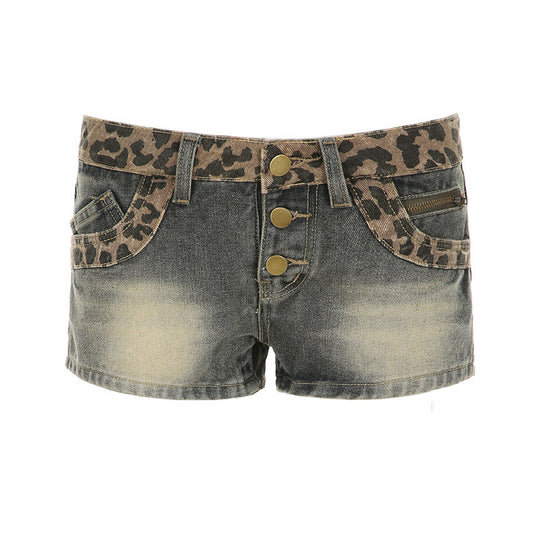 Damen Kurze Jeansshorts mit Leopardenmuster und gerafftem Bund EB
