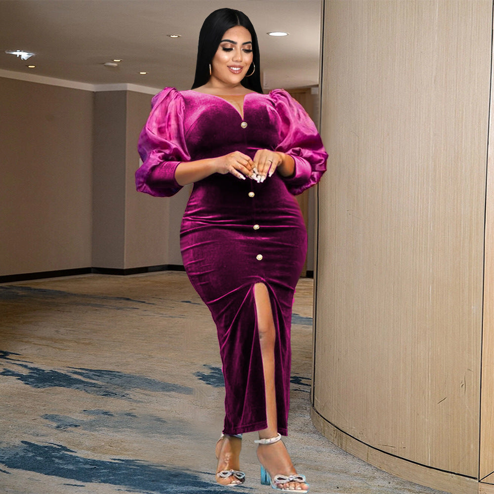 Damen Samtlangkleid mit Puffärmeln und subtilen Knopfdetails EB