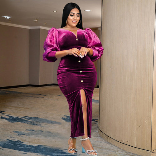 Damen Samtlangkleid mit Puffärmeln und subtilen Knopfdetails EB