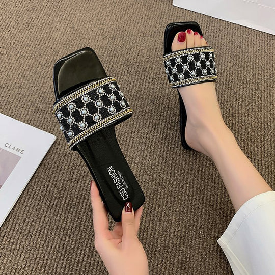 Damen elegante Badeslipper mit glamourösem Schmuckdetail EB