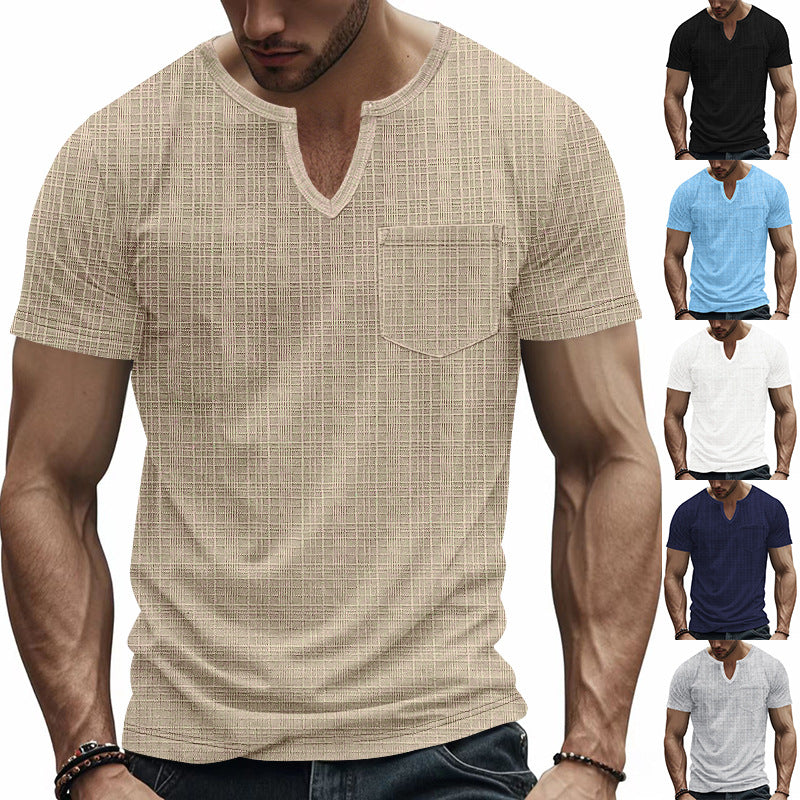 Herren Kurzarm-Henley-T-Shirt mit modernem V-Ausschnitt und praktischer Brusttasche EB