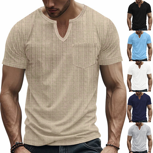 Herren Kurzarm-Henley-T-Shirt mit modernem V-Ausschnitt und praktischer Brusttasche EB