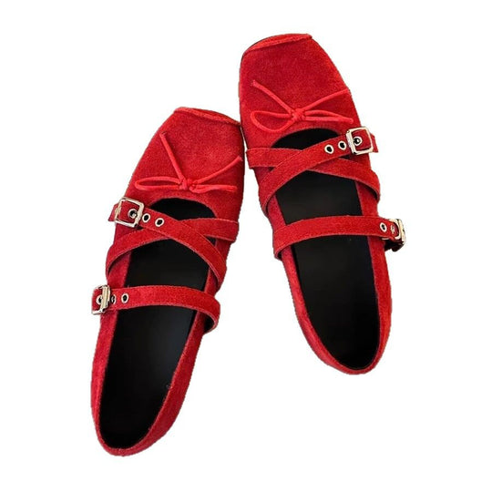 Damen Ballerina-Schuhe mit verspieltem Kreuzriemen und eleganter Schnallenverzierung EB