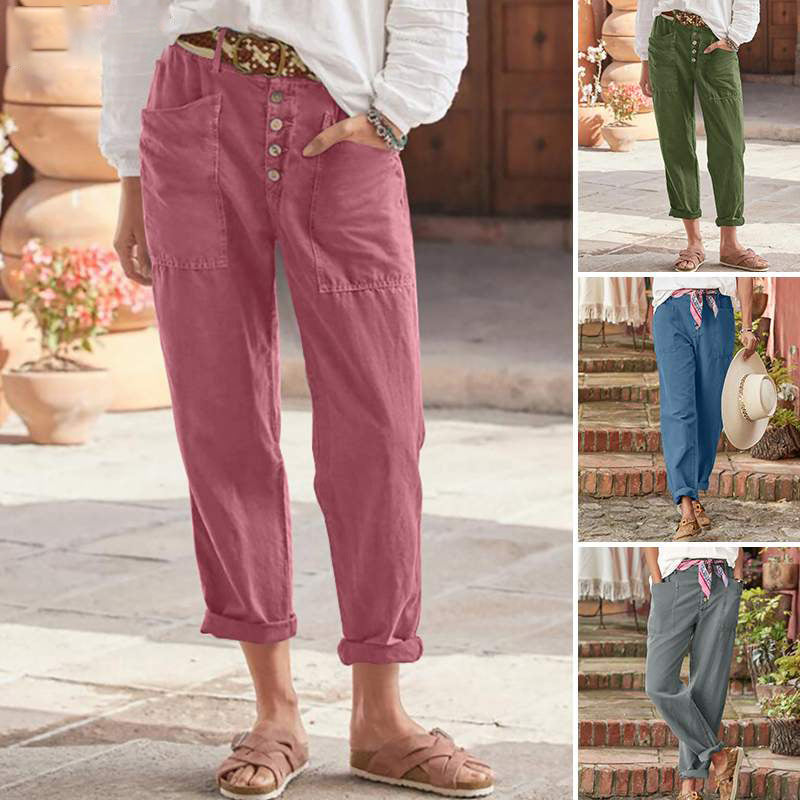 Damen nan Leinen-Baumwoll-Loungehose mit weitem Schnitt, hoher Bund und aufgesetzten Taschen EB