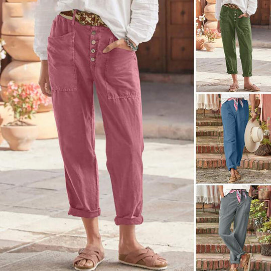 Damen nan Leinen-Baumwoll-Loungehose mit weitem Schnitt, hoher Bund und aufgesetzten Taschen EB