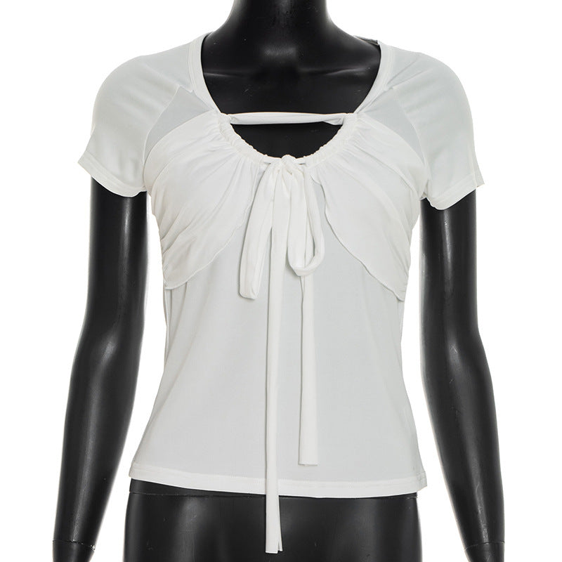 Damen figurbetontes Kurzarm-Top mit Rüschendetails und Bindeband EB