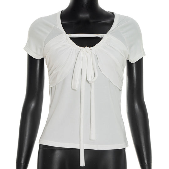 Damen figurbetontes Kurzarm-Top mit Rüschendetails und Bindeband EB