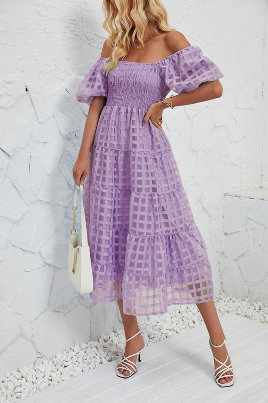 Damen Midi-Kleid mit Puffärmeln und elastischem Taillengürtel EB