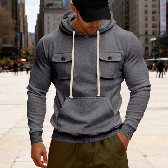 Herren Kapuzenpullover mit Brustklappentasche, Kängurutasche & Rippbündchen EB