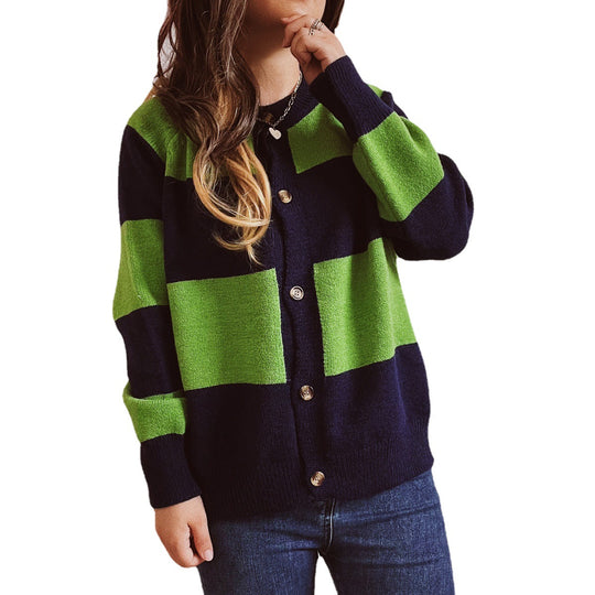 Damen lässige Strickjacke mit modischem Blockstreifenmuster und hochwertigen Knöpfen EB