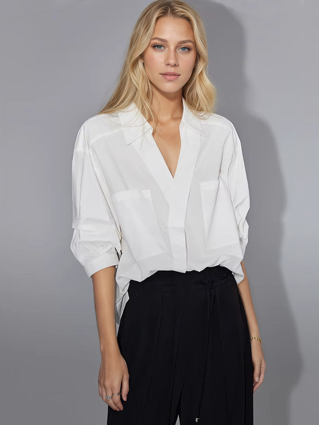 Damen Elegante Oversized Bluse aus hochwertigem Baumwollmix mit verdeckter Knopfleiste EB