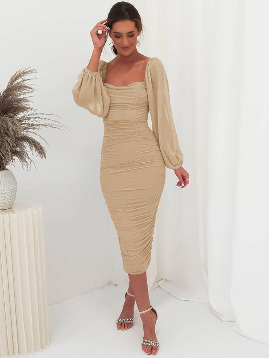 Damen Figuroptimiertes Kleid mit Puffärmeln und Raffungen EB