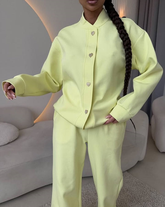 Damen Zweiteiliges Loungewear-Set mit Stehkragen, dekorativen Schmuckknöpfen und weitem Palazzo-Hosenbein EB
