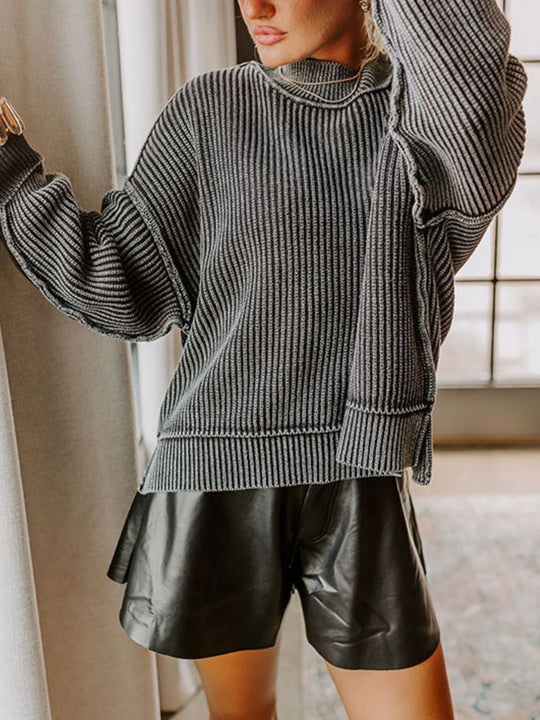 Damen lässiger Strickpullover mit strukturiertem Rippdesign EB