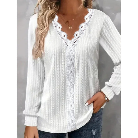 Damen Langarm Bluse mit eleganten Spitzenakzenten und strukturiertem Design EB