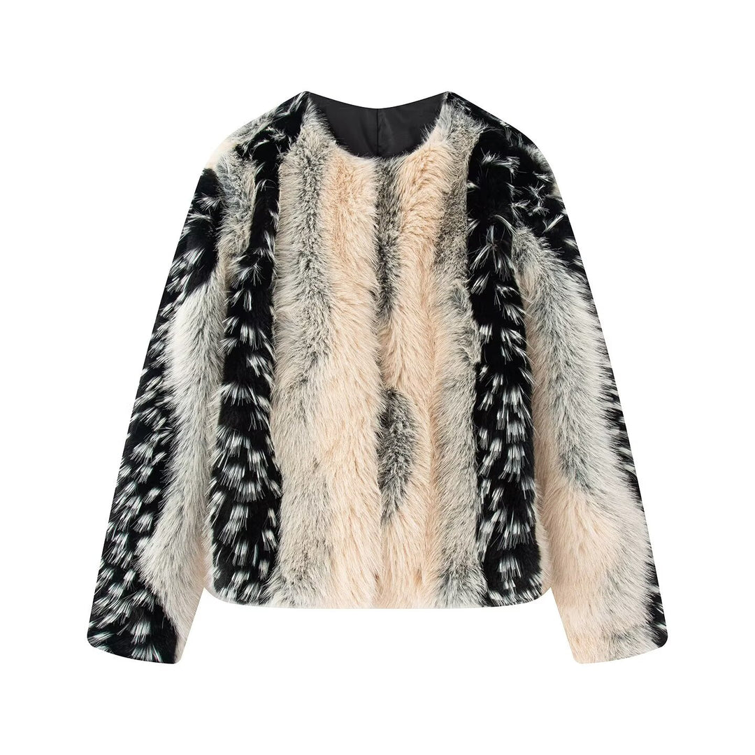 Damen nan kurze Kunstpelzjacke mit kontrastierenden Längsbesätzen und Rundhalsausschnitt EB
