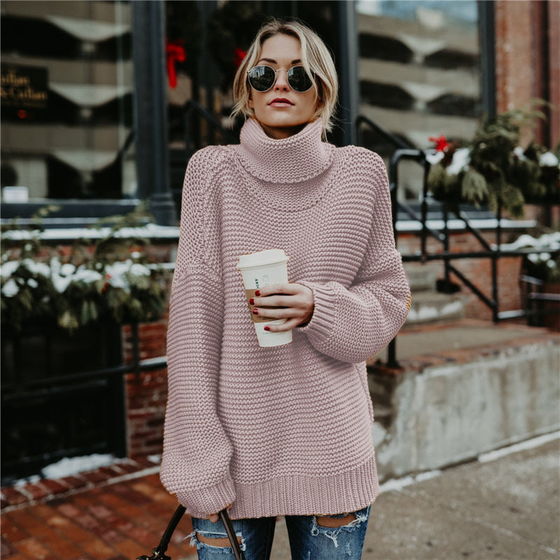 Damen Grobstrickpullover mit hohem Kragen und lässiger Passform EB