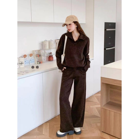 Damen Strickstil-Pullover mit integriertem Kragen und Knopfverschluss EB