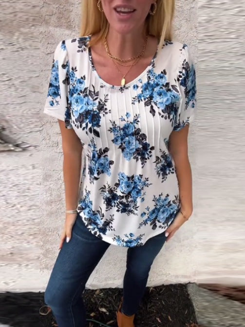 Damen nan Kurzarmbluse mit Kellerfalten, Rundhalsausschnitt und floralem Allover-Print EB
