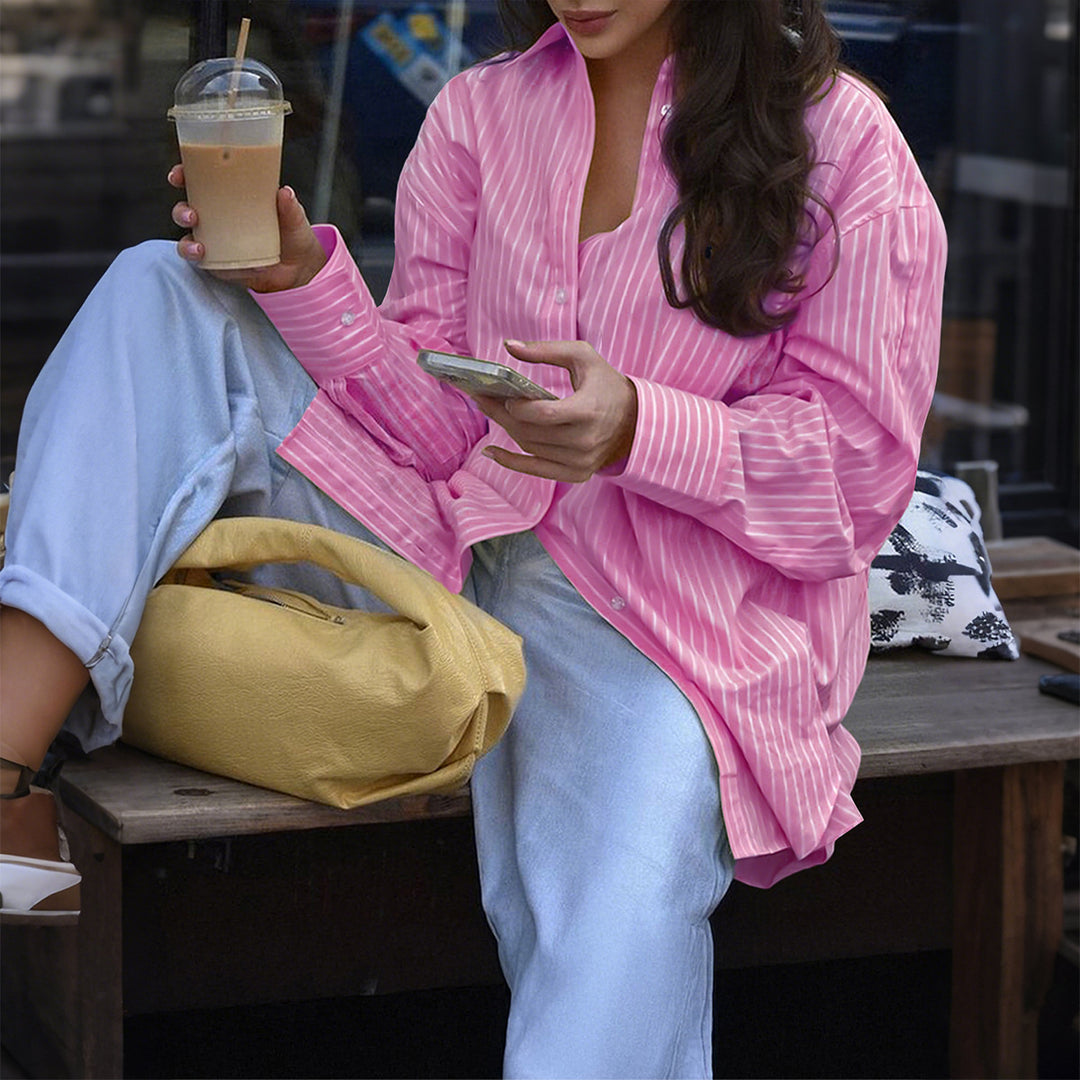 Damen nan oversized gestreifte Hemdbluse mit verlängertem Rückteil und extraweiten Manschetten EB