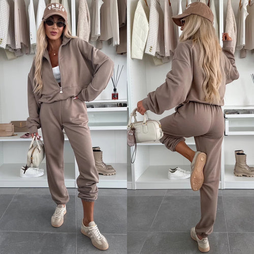 Damen modisches Fleece-Loungewear-Set mit halbhohem Kragen und elastischen Bündchen EB