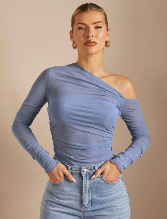 Damen Asymmetrischer Body mit Raffungen und langen Ärmeln EB