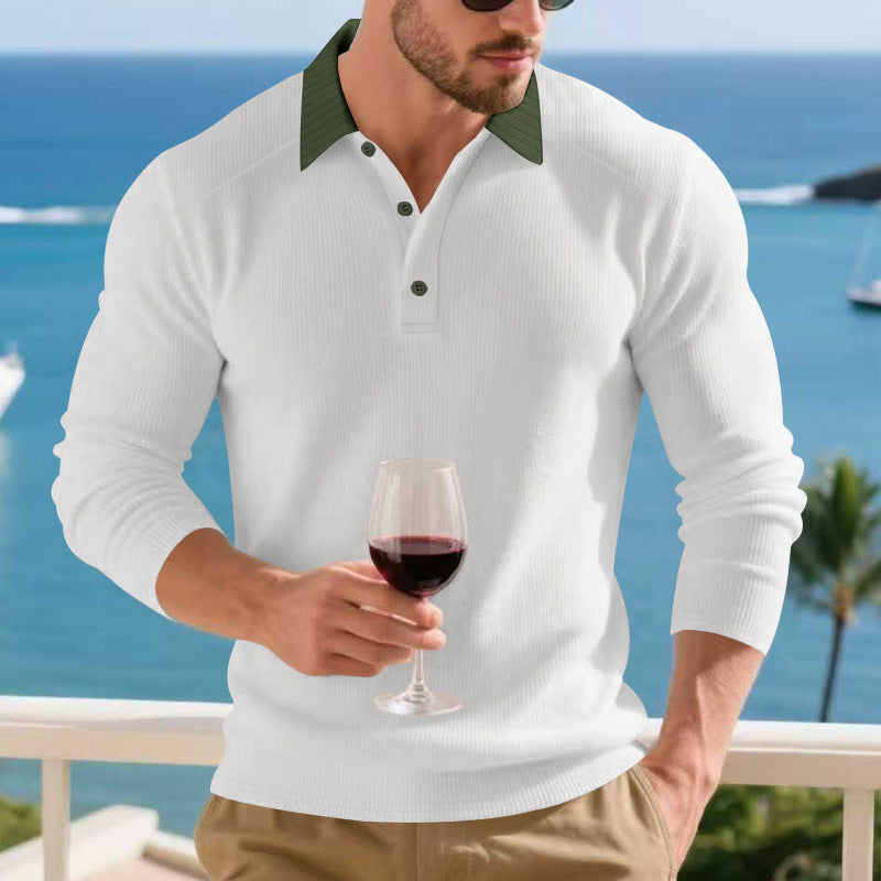 Herren Langarm Poloshirt mit strukturiertem Design und kontrastierendem Stehkragen EB