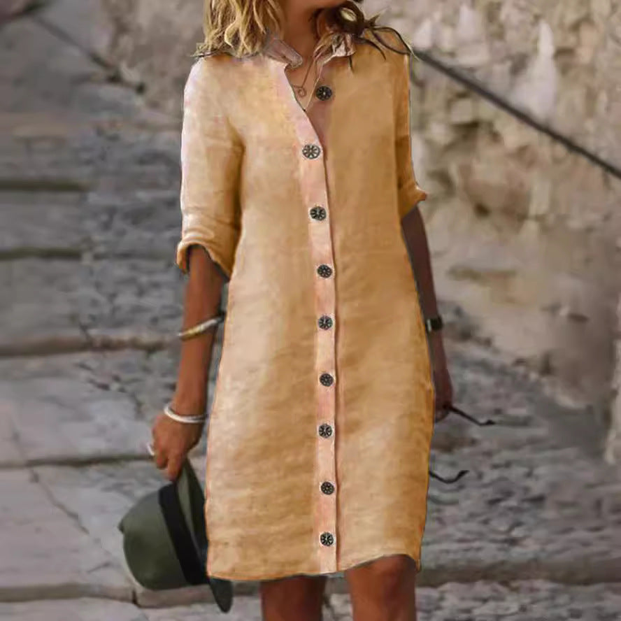Damen Leinenhemdkleid mit Knopfleiste und umschlagbaren Ärmeln EB