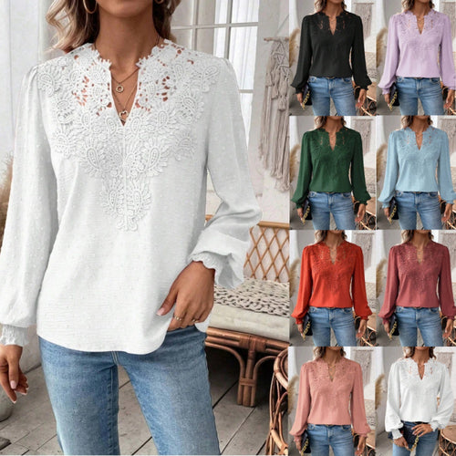 Damen Bluse mit gesticktem V-Ausschnitt und langen Ärmeln EB