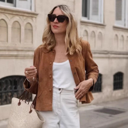 Damen Suede Jacke mit geschlossenen Knöpfen EB