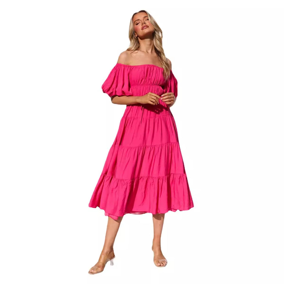Damen Maxi Kleid mit ausgefallenem Off-Shoulder Design und voluminösen Ärmeln EB