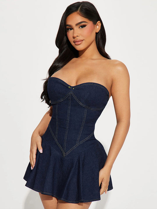 Damen Jeanskleid im Korsett-Stil mit schwingendem Rock EB