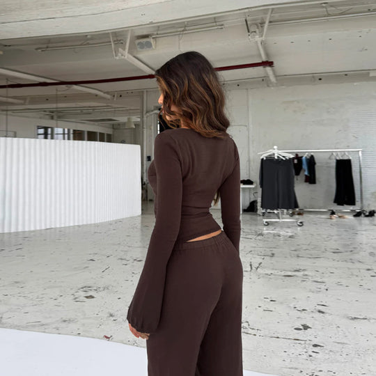 Damen lockerer Jumpsuit mit Wickeldesign und langen Ärmeln EB