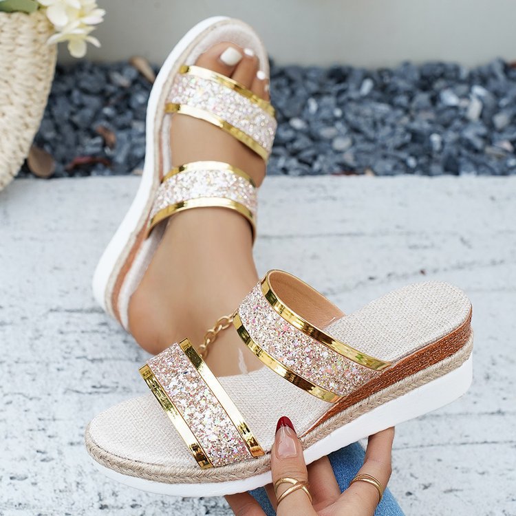 Damen Glamouröse Wedge-Sandaletten mit Glitzer-Riemen und komfortablem Fußbett EB