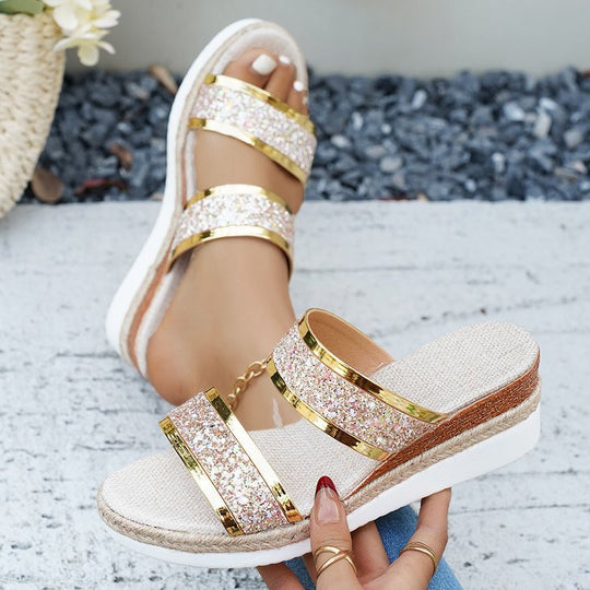 Damen Glamouröse Wedge-Sandaletten mit Glitzer-Riemen und komfortablem Fußbett EB