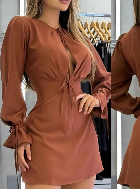 Damen zeitloses Minikleid mit tiefem V-Ausschnitt und Schleifenärmel EB