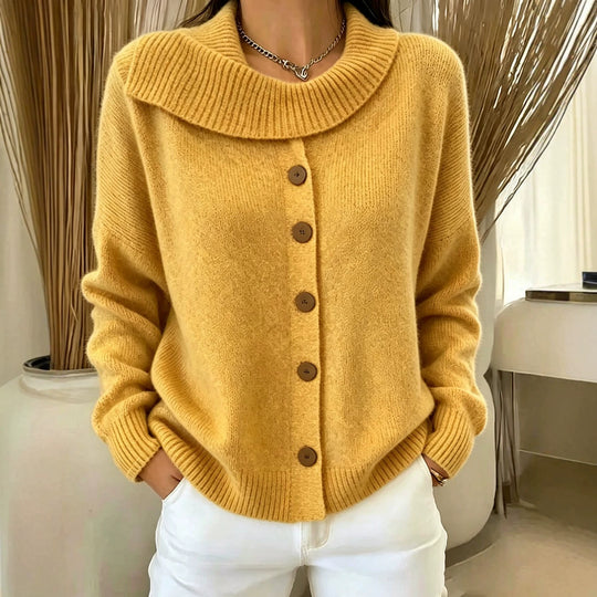 Damen Kuscheliger Knopf-Cardigan mit breitem Rollkragen und gerippten Bündchen EB