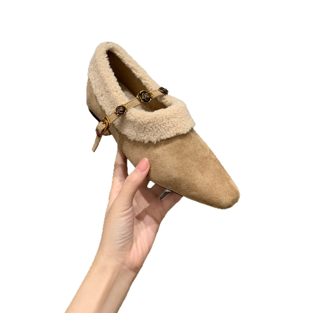 Damen elegante Slipper mit dekorativem Kunstfellkragen und goldenen Akzenten EB