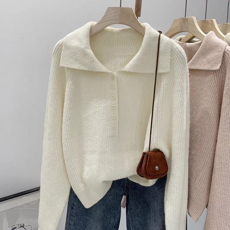 Damen Strickpullover mit Kragen und Knopfleiste EB
