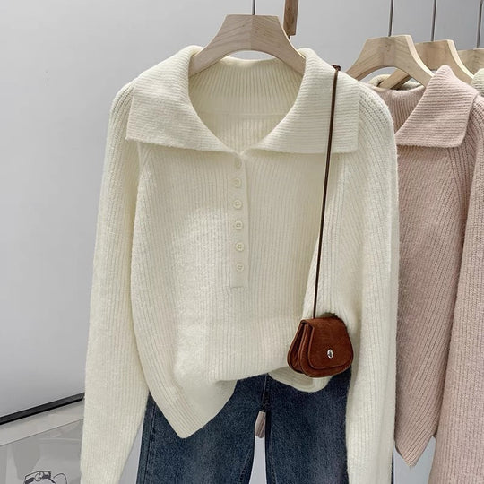 Damen Strickpullover mit Kragen und Knopfleiste EB