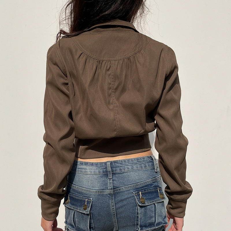 Damen modische cropped Jacke mit Stehkragen und Reißverschluss EB