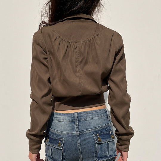 Damen modische cropped Jacke mit Stehkragen und Reißverschluss EB