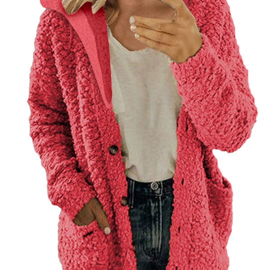 Damen kuschelige Fleecejacke mit Kapuze und praktischen Taschen EB