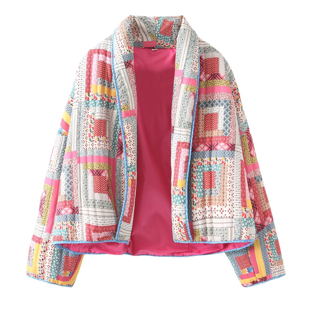 Damen nan gesteppte Patchwork-Kimonojacke mit glänzendem Satinfutter und weitem Schalkragen EB