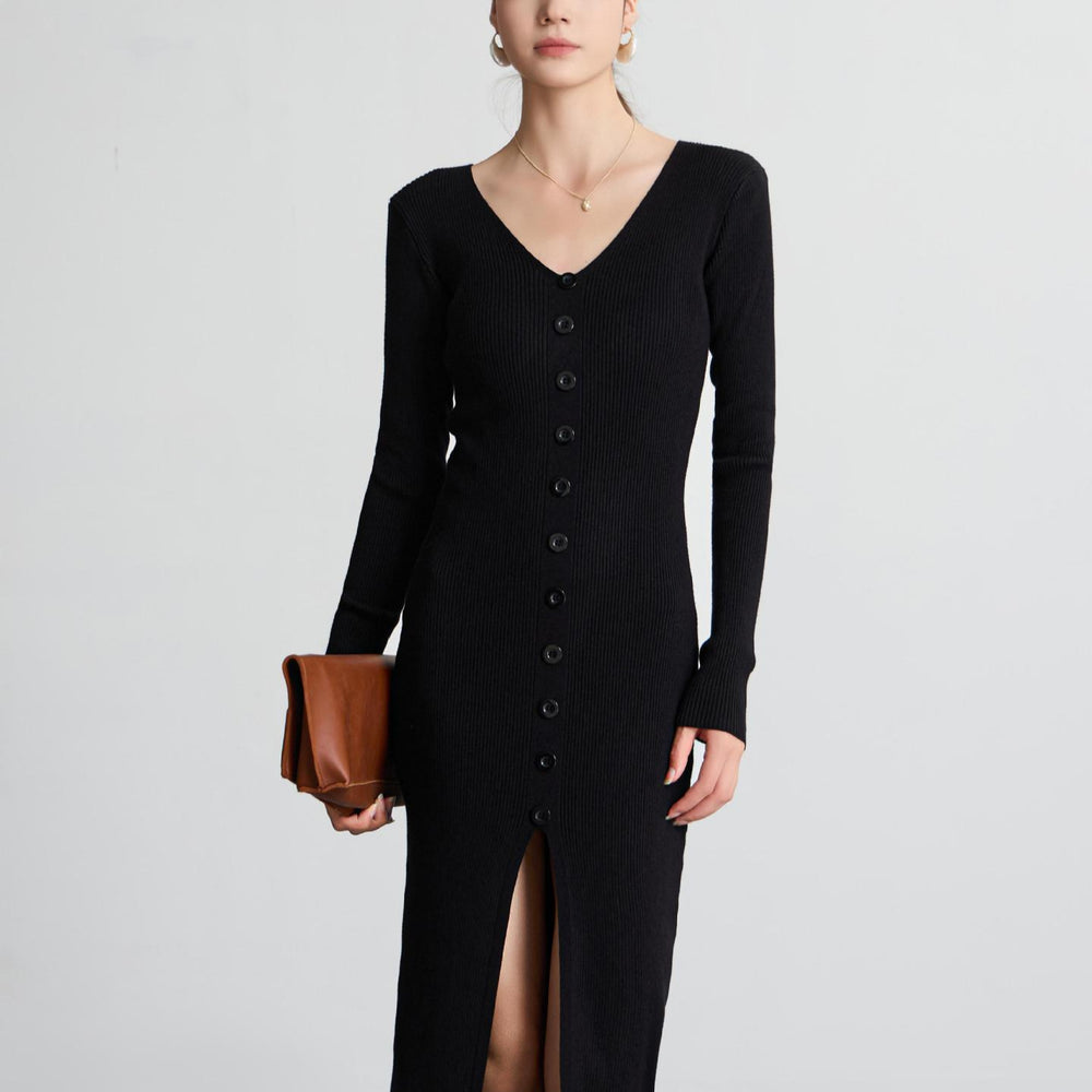 Damen Langärmliges Maxikleid mit Rippstruktur und Knopfdetail EB