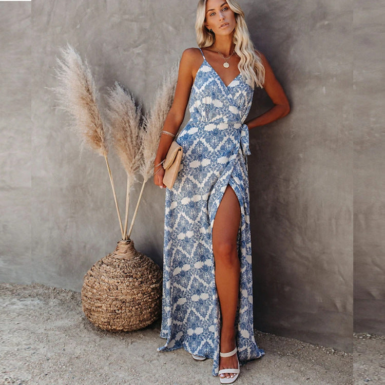Damen elegantes Maxi-Kleid mit Chic-Wickel-design und seitlichem Schlitz EB