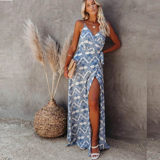Damen elegantes Maxi-Kleid mit Chic-Wickel-design und seitlichem Schlitz EB