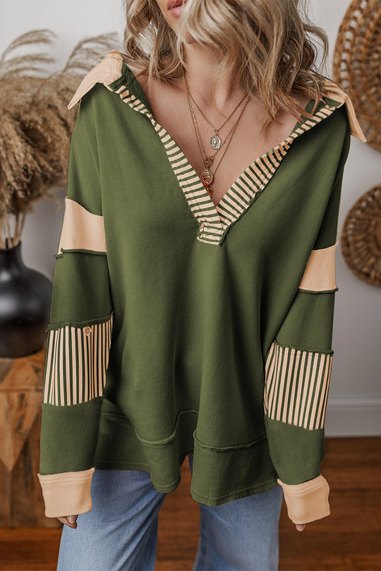 Damen lässiger Pullover mit Hemdkragen und gestreiften Ärmeln EB