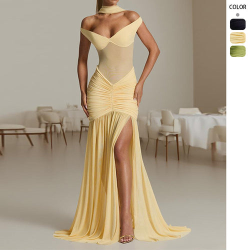 Damen figurbetontes Abendkleid mit schulterfreiem Design und seitlichem Schlitz EB