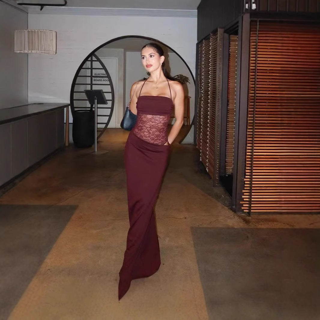 Damen Maxikleid mit transparentem Oberteil und eleganten Details EB